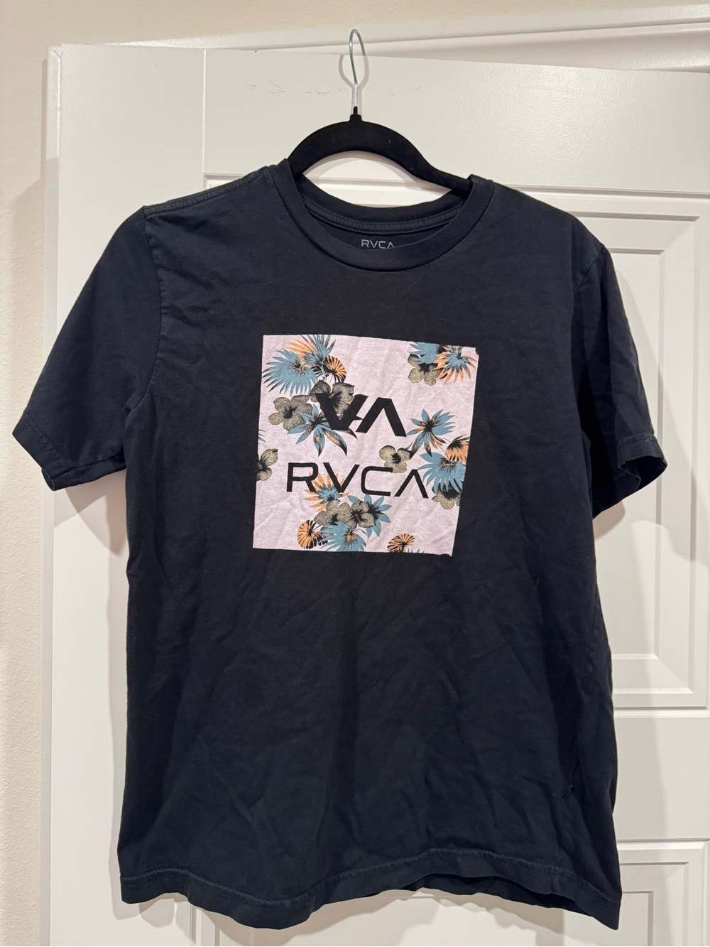 RVCA Black Short-Sleeve Tee with Floral Square Logo